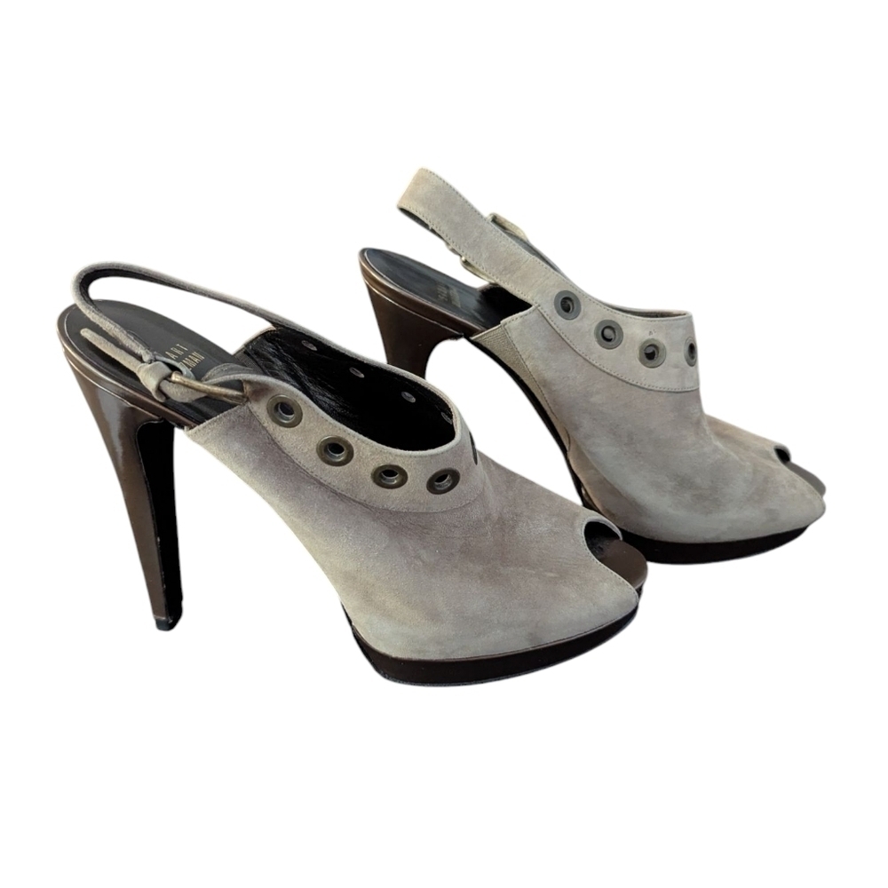 Stuart Weitzman,Gray Peep-Toe Slingback Heels,Size 9